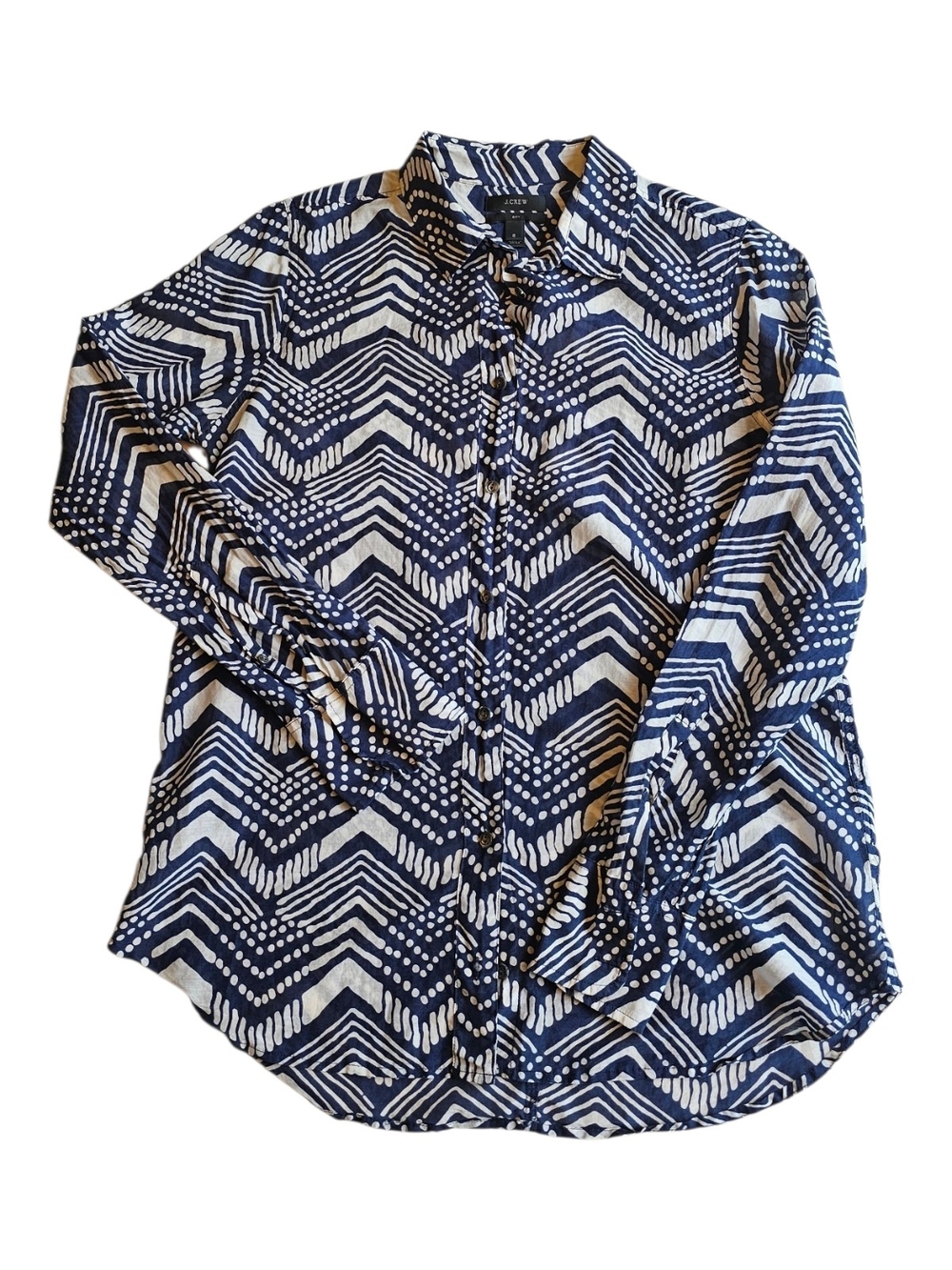 J. Crew Boy Shirt Indigo Tribal Print Cotton Silk Button Up Blouse Size 8